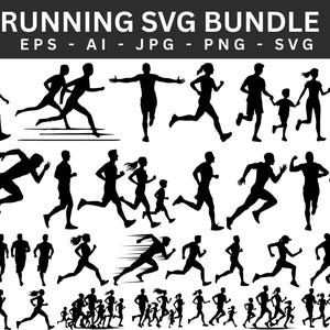 Puede incluir: Ilustraciones de siluetas negras de corredores en varias poses. La imagen incluye corredores individuales, parejas y grupos, algunos tomados de la mano. El texto "RUNNING SVG BUNDLE" está en la parte superior, junto con indicadores de tipo de archivo.