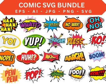 Comic Style Action Bubbles SVG Bundle, Cartoon Cut Files (Digital Download)