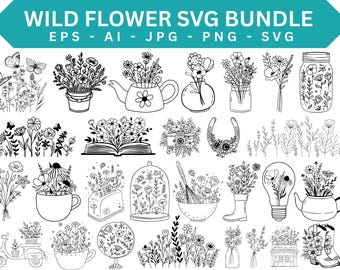 Wildflower Bouquet SVG Bundle, Minimalist Floral Sketch (Digital Download)