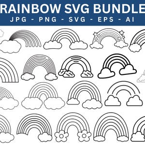 May include: A collection of black and white rainbow SVG designs with clouds and floral accents. The text "RAINBOW SVG BUNDLE" is at the top, with file type indicators: JPG, PNG, SVG, EPS, and AI.