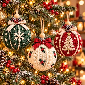 May include: Three spherical crochet Christmas ornaments hanging from a tree. One is dark green with a white snowflake, one is cream with red holly berries, and one is red with a white Christmas tree. Each features a bow and wooden bead.