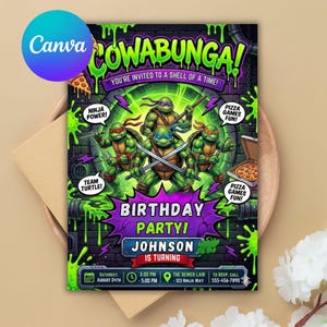 May include: A rectangular birthday party invitation featuring four green ninja turtles in a sewer setting with neon green slime, pizza graphics, and text including Cowabunga, Ninja Power, Pizza Games Fun, Team Turtle, and Johnson is Turning.