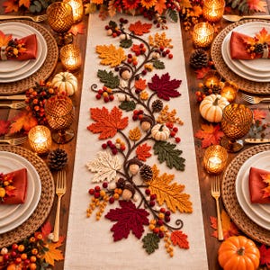 May include: A beige table runner featuring an intricate crochet design of autumn leaves in shades of red, orange, yellow, and green, accented with small crocheted acorns, berries, and pumpkins arranged in a winding vine pattern.