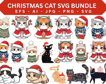 Christmas Cat SVG Bundle, Santa Hat, Doodle Cat (Digital Download)