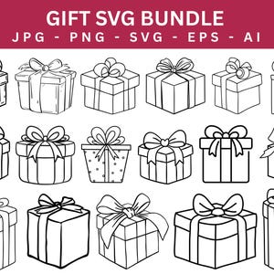Könnte beinhalten: Eine Sammlung von schwarz-weißen Illustrationen von Geschenkboxen mit Schleifen. Das Bild enthält den Text "GIFT SVG BUNDLE" und Dateitypen, ideal für digitale Designprojekte.