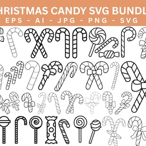 May include: Black and white line art illustrations of Christmas candy, including candy canes, lollipops, and wrapped candies. The text "CHRISTMAS CANDY SVG BUNDLE" is at the top. The image features various designs for holiday-themed crafts and decorations.