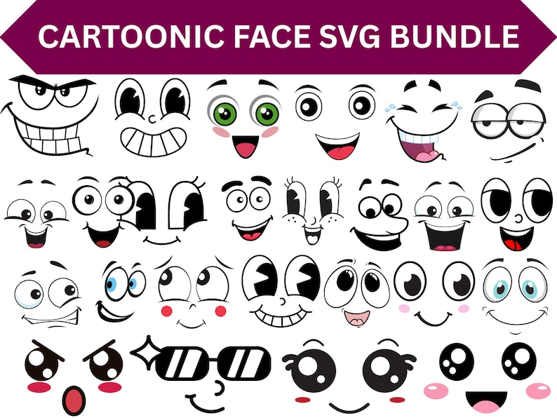 Cartoon Emotion Faces SVG Bundle: Funny Kawaii Cricut (digital Download ...