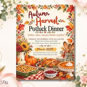 Op de afbeelding: Een uitnodigingskaart voor een Autumn Harvest Potluck Dinner met een rand van herfstbladeren, pompoenen, zonnebloemen en een feestmaal van kalkoen, taart en ovenschotel. De tekst bevat evenementdetails, datum en locatie.