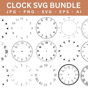 May include: A collection of clock face designs in a digital art bundle. The clocks feature various styles, including Roman numerals, Arabic numerals, and minimalist dot markers. The image includes the text "CLOCK SVG BUNDLE" and file type indicators.