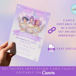 May include: A lavender invitation card with a cartoon illustration of three women holding treats. The card includes the text "Karen's Family Home" and "September 15, 2030". The card is easily editable on Canva.