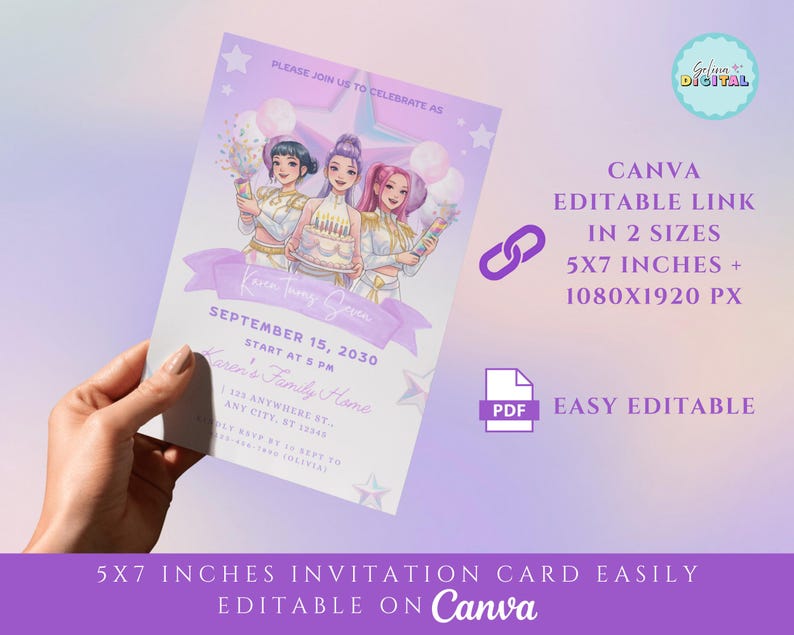 May include: A lavender invitation card with a cartoon illustration of three women holding treats. The card includes the text "Karen's Family Home" and "September 15, 2030". The card is easily editable on Canva.