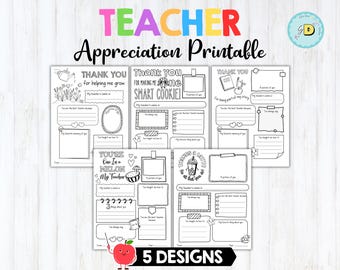 Teacher Appreciation Week Cards | Printable Thank You Coloring Page | All About My Teacher Questionnaire Flyer Last Day of School Gift