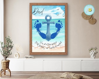Imprimible para el Día del Padre, Tarjeta de arte con ancla para el Día del Padre, Arte con huellas de manos para el Día del Padre, Página de actividades, Actividad de manualidades para papá