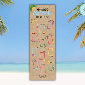 May include: A vertical rectangular sign with a kraft paper background titled Amelia's Summer Bucket List 2026. It features twelve colorful empty frames for photos, each decorated with small summer-themed icons like flowers, fruit, and beach items.