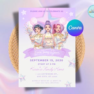 May include: A lavender birthday party invitation featuring three anime-style girls holding a cake and confetti. The invitation includes the text "Karen Turns Seven", date, time, and RSVP information. The Canva logo is visible.