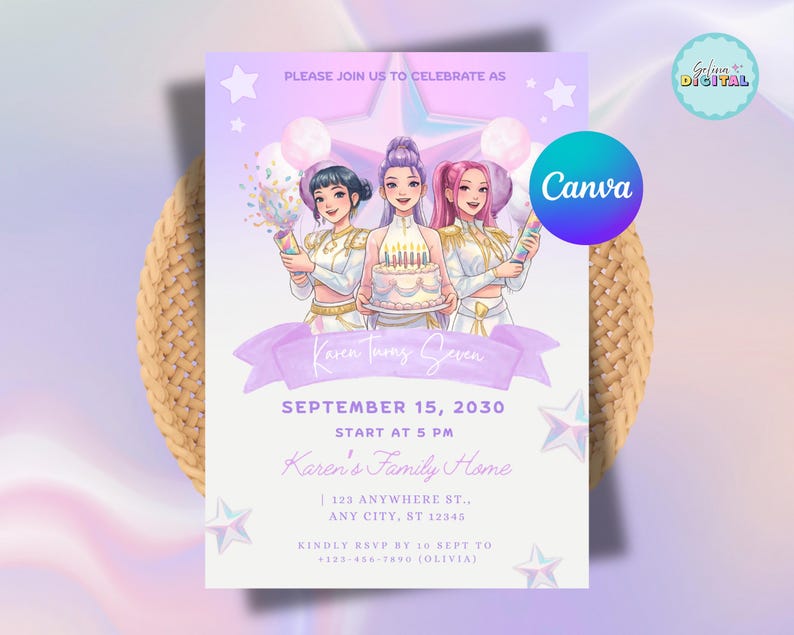 May include: A lavender birthday party invitation featuring three anime-style girls holding a cake and confetti. The invitation includes the text "Karen Turns Seven", date, time, and RSVP information. The Canva logo is visible.