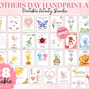 Könnte beinhalten: Eine Sammlung von 28 druckbaren Handabdruck-Kunstdesigns zum Muttertag. Die Designs zeigen farbenfrohe Illustrationen von Tieren, Blumen und anderen Objekten, die mit Handabdrücken erstellt wurden. Der Text enthält "Mothers Day Handprint Art" und "Printable Activity Bundle".