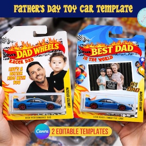 Könnte beinhalten: Zwei Spielzeugauto-Verpackungsvorlagen mit blauen Sportwagen. Die linke Karte zeigt DAD WHEELS, RACER DAD und LIFE'S A BETTER RIDE WITH YOU. Die rechte Karte zeigt BEST DAD IN THE WORLD und #1 DAD. Beide enthalten Platzhalter für Fotos.