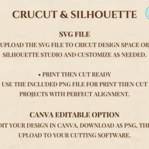May include: A beige background with brown text that reads "CRUCUT & SILHOUETTE" and instructions for using SVG and PNG files with Cricut Design Space, Silhouette Studio, and Canva. Includes a small circular logo in the upper right corner.