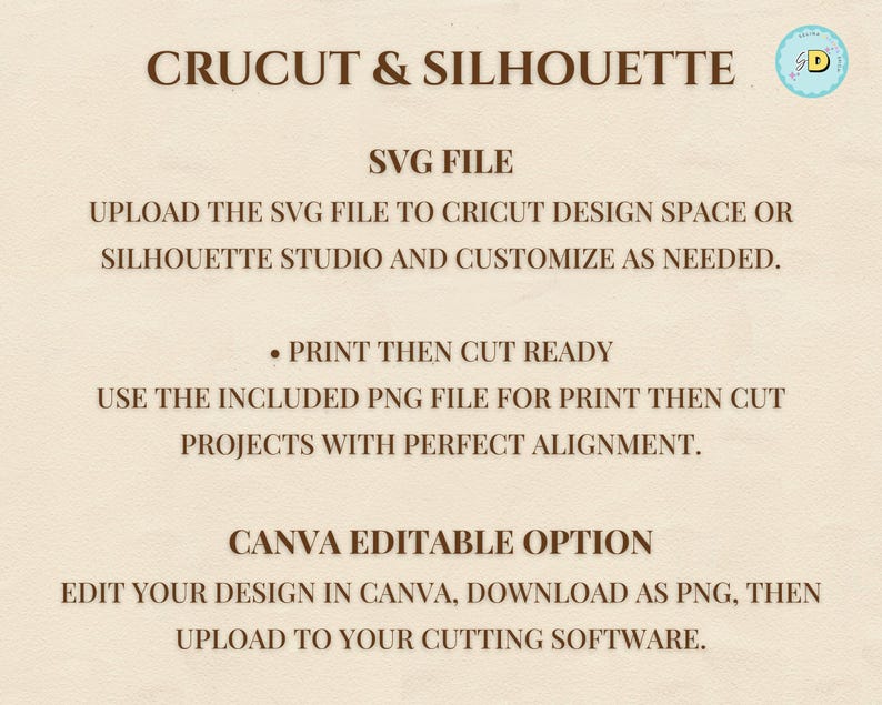May include: A beige background with brown text that reads "CRUCUT & SILHOUETTE" and instructions for using SVG and PNG files with Cricut Design Space, Silhouette Studio, and Canva. Includes a small circular logo in the upper right corner.