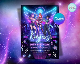 Kpop Demon Hunters Neon Birthday Invitation | Editable Canva Template (Digital Download)