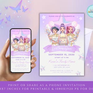 May include: A digital invitation with a purple and white theme. The invitation features an illustration of three women holding a cake and party favors. The text reads "Karen's Family Home" and "September 15, 2030". The invitation is shown on a phone and a printed card.