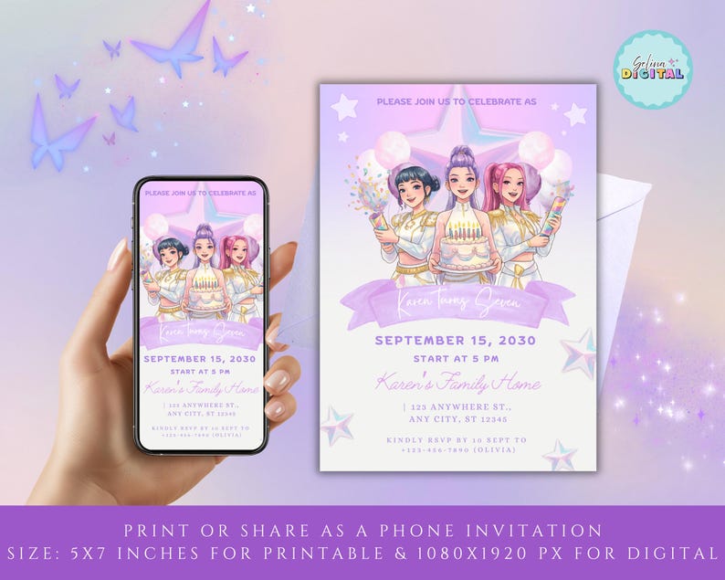 May include: A digital invitation with a purple and white theme. The invitation features an illustration of three women holding a cake and party favors. The text reads "Karen's Family Home" and "September 15, 2030". The invitation is shown on a phone and a printed card.