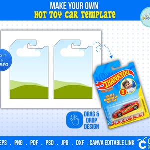May include: A digital template for a Hot Toy Car, featuring a blue sky and green landscape design. Includes a Hot Wheels car package with a red and yellow car. The template is editable in Canva.