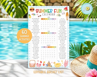 Calendario de verano editable 2026, póster, lista de actividades para el verano, planificador familiar, lista de verificación, plantilla imprimible, descarga digital instantánea.