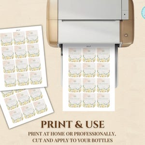 May include: A printer is shown producing sheets of labels. The labels are square with a floral design and text. The text "2x2" is visible on the labels. The image also includes the text "PRINT & USE" and instructions to print and cut the labels.