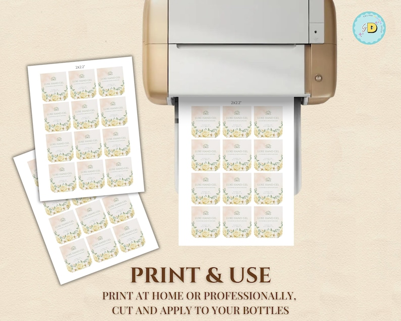 May include: A printer is shown producing sheets of labels. The labels are square with a floral design and text. The text "2x2" is visible on the labels. The image also includes the text "PRINT & USE" and instructions to print and cut the labels.