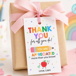 May include: A wrapped gift box with a pink ribbon and a gift tag. The tag reads "THANK YOU for all you do! YOU ARE APPRECIATED more than you know!" with a pencil illustration and a red apple. The gift box is wrapped in brown paper.