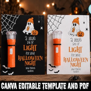 May include: Two rectangular cards featuring a cartoon ghost in an orange beanie holding a drink next to a pumpkin. Each card holds an orange plastic flashlight and displays the text: A little bit of LIGHT for your HALLOWEEN NIGHT, your friend: hudson.