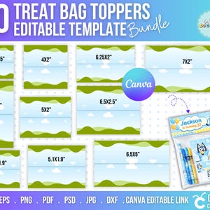 May include: A bundle of 10 treat bag topper templates with a landscape design, including sizes like 3x1.5 inches and 4x2 inches. The image includes the text "Editable Template Bundle" and is compatible with Cricut.