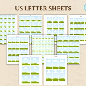 May include: A collection of US Letter Sheets with various layouts. Each sheet features a grid of small, landscape-style images with a blue sky, white clouds, and green hills. The text "US LETTER SHEETS" is at the top.