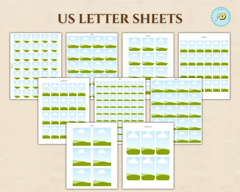 May include: A collection of US Letter Sheets with various layouts. Each sheet features a grid of small, landscape-style images with a blue sky, white clouds, and green hills. The text "US LETTER SHEETS" is at the top.