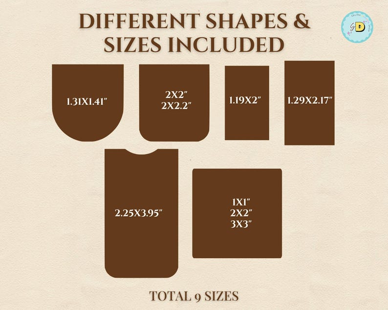 May include: A graphic showing various brown shapes with dimensions in inches. The text reads "DIFFERENT SHAPES & SIZES INCLUDED" and "TOTAL 9 SIZES". The shapes include rectangles, squares, and rounded rectangles.