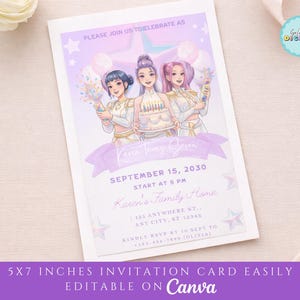 May include: A 5x7 inch invitation card with a purple and white design. The card features an illustration of three anime-style women holding a cake and cotton candy. Text includes "Karen's 7th Open", date, time, and RSVP information.