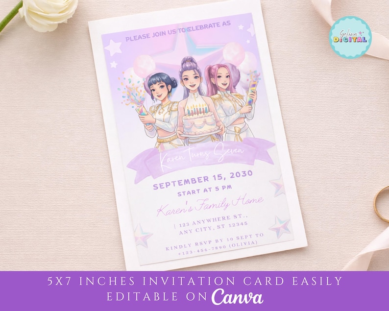 May include: A 5x7 inch invitation card with a purple and white design. The card features an illustration of three anime-style women holding a cake and cotton candy. Text includes "Karen's 7th Open", date, time, and RSVP information.