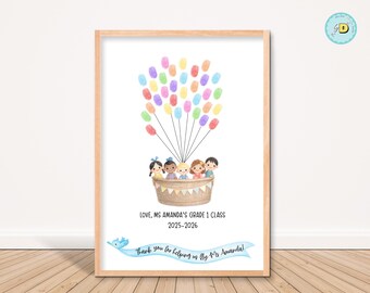 Fingerprint Teacher Gift Editable Keepsake Art Kids Name Teacher Gift Hot Air Balloon End of Year School Teacher Appreciation Thank You Week