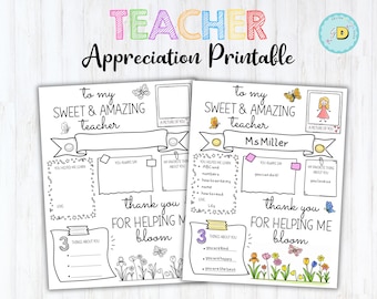Teacher Appreciation Printable | All About My Teacher End of the School Year | Gift for Teacher | Survey Appreciation Week Gift Coloring