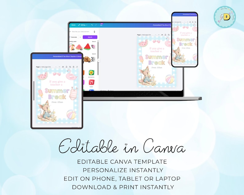 Może przedstawiać: Szablon cyfrowy wyświetlany na laptopie, tablecie i telefonie. Projekt zawiera akwarelową ilustrację z tekstem "Summer Break". Dodatkowy tekst brzmi "Editable in Canva" oraz instrukcje dotyczące personalizacji i drukowania.