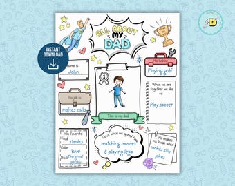Father's Day Questionnaire Printable, All About My Dad Activity, Fathers Day Coloring Page, Kids Interview Keepsake Gift, PDF JPG