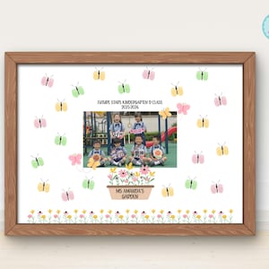 May include: A framed print featuring a class photo of children, surrounded by colorful butterfly illustrations. The text reads "Future Stars Kindergarten D Class 2025-2026" and "Ms. Amanda's Garden."