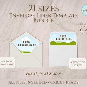 May include: An image showcasing an envelope liner template bundle with the text "21 SIZES" and "ENVELOPE LINER TEMPLATE BUNDLE". The image includes two white envelopes with a landscape design inside. Text includes "EURO FLAP LINERS 11 SIZES" and "SQUARE FLAP 08 SIZES".