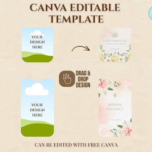May include: A Canva editable template with design examples. The design examples include a hand gel label with floral accents and a perfume label with pink floral accents. The text includes "Your Design Here" and "Can be edited with free Canva."