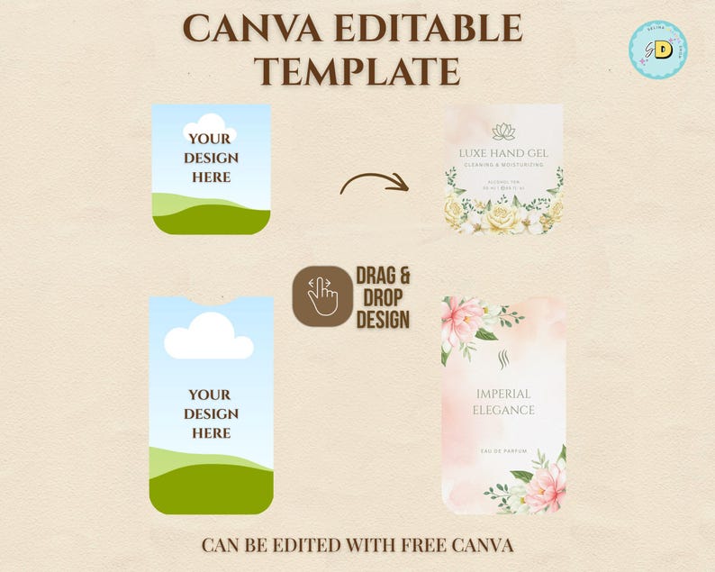 May include: A Canva editable template with design examples. The design examples include a hand gel label with floral accents and a perfume label with pink floral accents. The text includes "Your Design Here" and "Can be edited with free Canva."