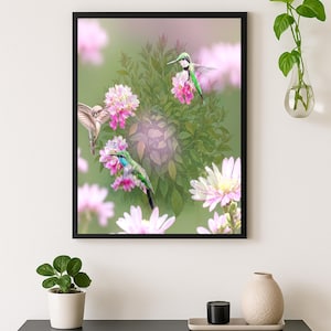 Nature Painting Hummingbird Art Nature Art Painting Garden Paints Flower Garden Paint Bird Prints  Bird Poster Print -Five sizes-JPG Files