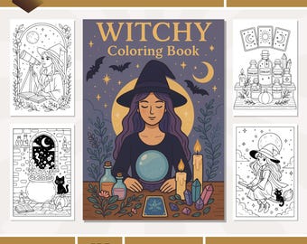 Könnte beinhalten: Ein "Witchy" Malbuch mit einer Hexenillustration auf dem Cover. Das Cover zeigt eine Hexe mit einer Kristallkugel, Kerzen und Zaubertränken. Das Buch umfasst 14 Seiten und ist als Sofort-Download erhältlich.