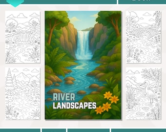 Kleurboek rivierlandschap voor volwassenen | Ontspannende natuurtaferelen | Digitale pdf- en png-download